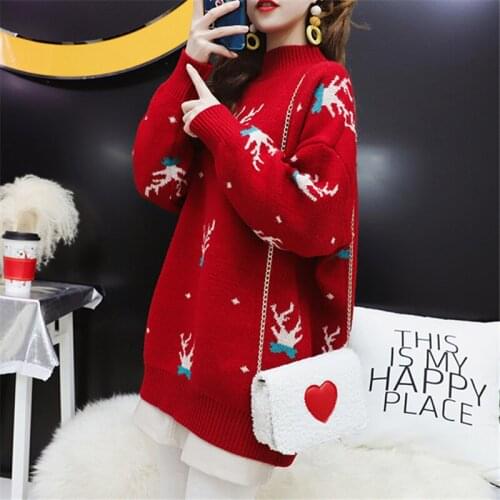 Black Red Christmas Sweater Classic Deer Print Half Turtleneck Knitted Pullover Women Loose Tops Winter Thick Warm Sweater Femme