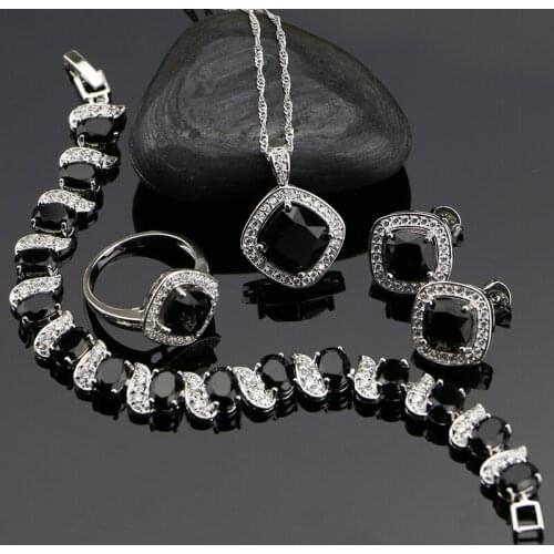 Black Cubic Zirconia White CZ 925 Sterling Silver Jewelry Sets For Women Earrings/Pendant/Ring/Bracelet/Necklace Set