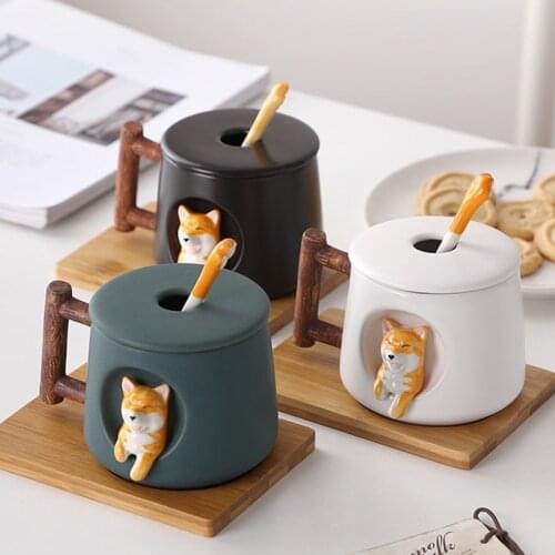 Mug Cartoon 420ml Ceramic Mug Shiba Inu Pattern With Handle Lid Spoon Cute Coffee Cup For Lovers Gifts Ceramic Drinkware Cups