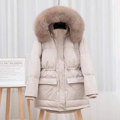 Winter White Duck Down Jacket Female 2021 Real Fox Fur Collar Coat Women Hooded Parkas Black Warm Jackets Casaco Feminino Gxy94