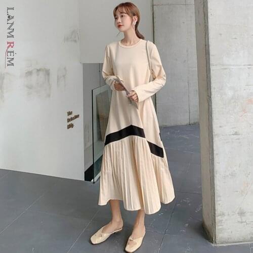 LANMREM 2021 Autumn Line Pattern Pleated Round-neck Short Sleeve Korean Style Casual Mid-calf Length Dress For Women 2A3009