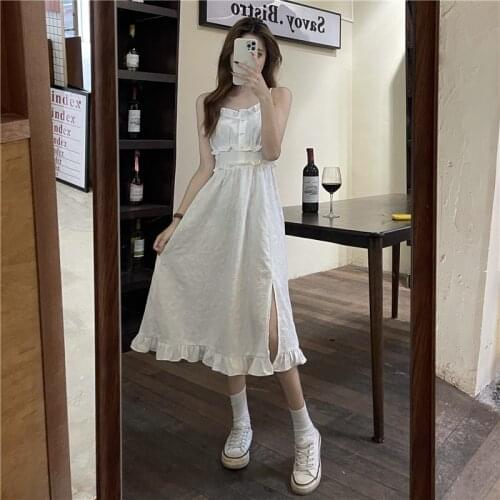 White Cotton Spaghetti Strap Summer Dress Women Ruffles Sexy Clubwear High Waist Split Sweet Girls Long Midi Dress Backless Z484