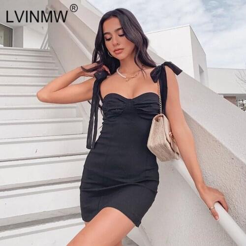 LVINMW Sexy Lace Up Bow Spaghetti Strap Ruched Bodycon Dress Fashion 2020 Summer Women Sleeveless Slash Neck Party Mini Dresses
