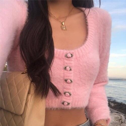MONMOIRA Single-breasted Solid Women Knitted Cardigans Autumn Furry Cropped Sweaters Ladies Sweet Knitwear cws0364-5