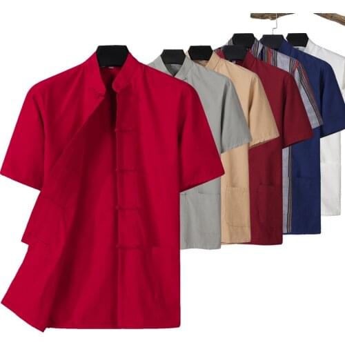 Chinese Traditional Men Mandarin Collar Tai Chi Tang Top Summer Casual Short Sleeve 100% Cotton Kung Fu Shirt Plus Size 3XL 4XL