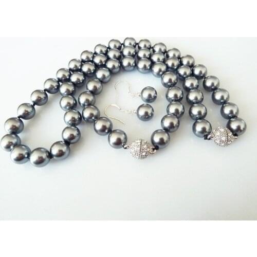 Wholesale 10mm grey natural shell pearl fashion bracelet earring necklace set