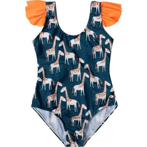 New Little Girl Zebra Print Flying Sleeve O Neck One Piece Swimsuit And A Hat Swim Jumpsuit Blue S M L XL XXL 2-7 Years