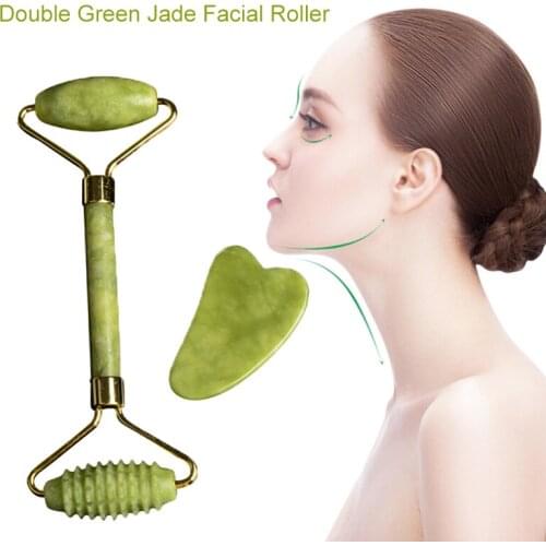New Massager for Face Lift Up Double Green Jade Stone Roller Natural Crystal Stone Slimming Face Thin Chin Facial Skin Care Tool