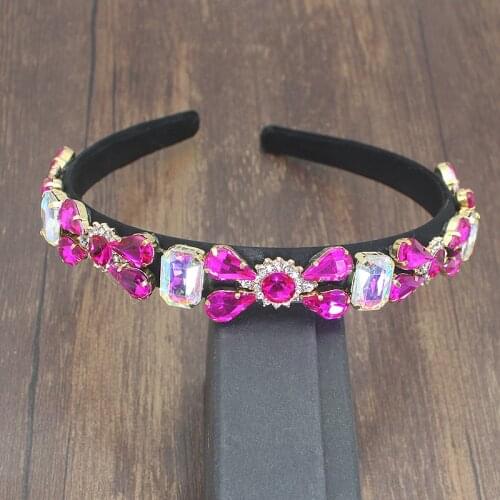 Charm hot pink Crystal Rhinestone Flower Baroque Fine Headband Gold Leaf Hair Accessories Tiara For Women Wedding Hair Jewelry