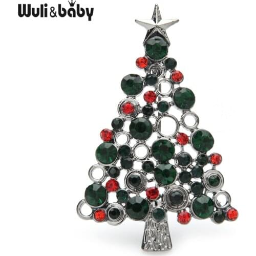 Wuli&baby Green Rhinestone Pine Christmas Tree Brooches For Women Men New Year Brooch Pins Gifts