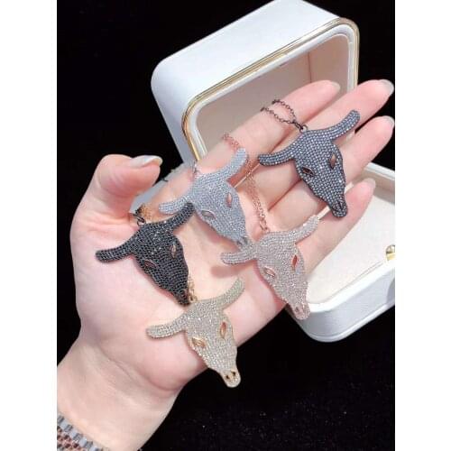 2pcs Mixed Color golden plated Cz micro oxhead pendant chain necklace