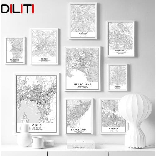Modern Custom Made Black White City Map Canvas Painting New York Paris London Print Poster Home Decor Wall Art Pictures