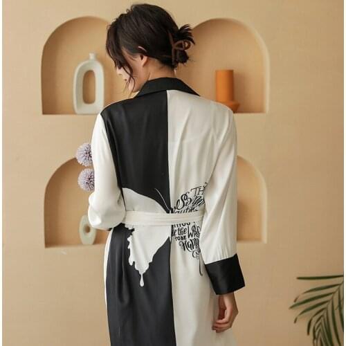 White Butterfly Letter Print Kimono Robe Gown Women Spring New Satin Home Dress Full Sleeve Nightgown Turn-down Collar Sleepwear