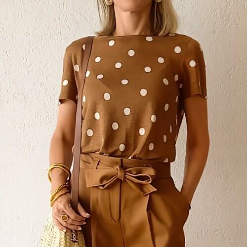 Polka Dot Print T-shirt 2021 Women Clothing Summer Round Neck Short Sleeve Tee Shirts Elegant Chic Female Casual Top Tshirts