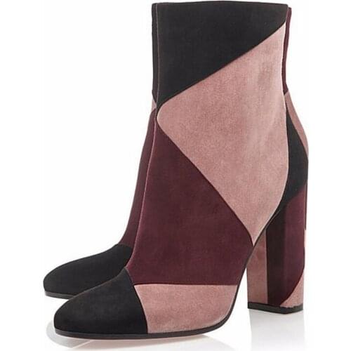 Hand Made Spring Autumn Short Boots 2019 Mixed Colors British Stylish Woman Ankle Boots Chunky High Heels Pointed Toe Shoes