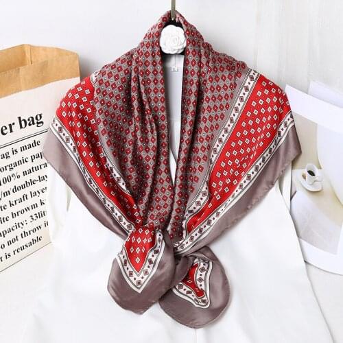 Women Spring Summer Autumn Elegent Fashion Soft Geometric Printed 90X90cm Large Hijab Shawl Kerchief Square Silk Bandana Scarf