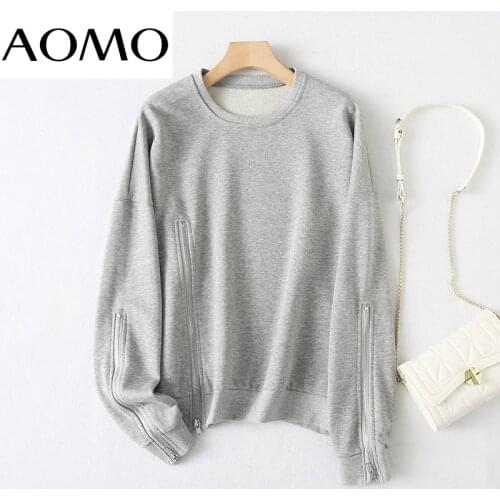AOMO Women Fashion Zipper Decorate Gray Sweatshirts Oversize Long Sleeve O Neck Loose Pullovers Female Tops YU109A