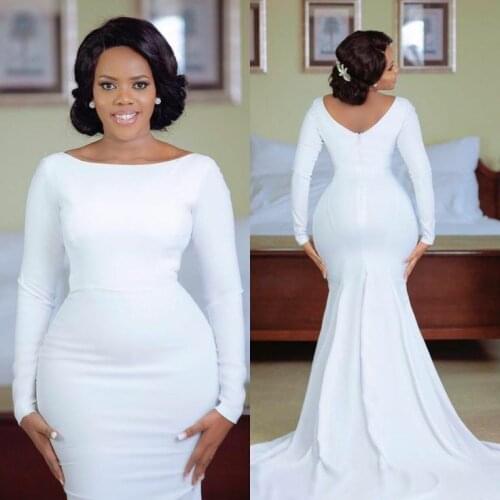 Women Long Mermaid White Prom Dresses with Sleeves O-Neck Robe De Soiree Zipper Back Sweep Train Formal Party Dresses