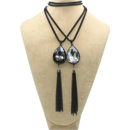2019 Fashion Water Drop Crystal Pendant Black Alloy Chain Tassel Necklace For Women 2 Color Glass