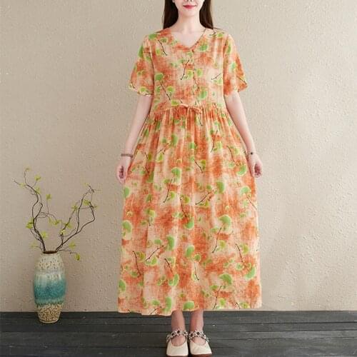 Print Floral Prairie Chic Vintage Dress 2021 New Arrival Soft Cotton Linen Loose Summer Dress Draw String Women Casual Dress