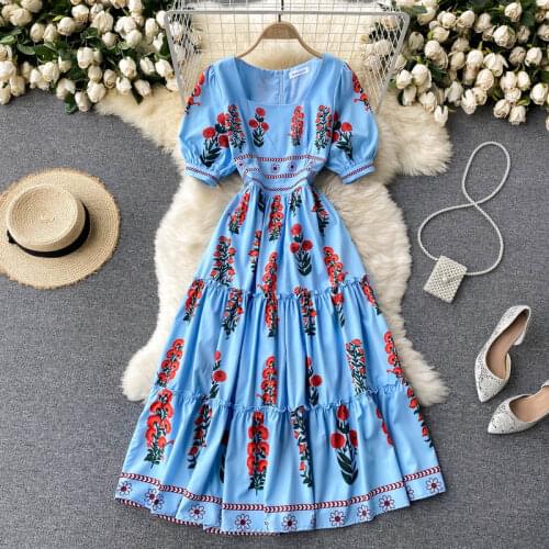 Europe Fashion 2021 Summer Womens Square Collar Short Sleeve Floral Print High Waist Dress Female Streetwear Vintage Vestidos