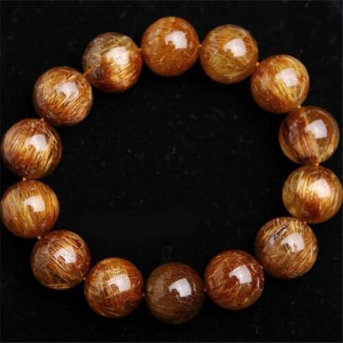 16mm Genuine Natural Gold Copper Hair Needle Rutilated Quartz Crystal Round Beads Fashion Jewelry Charm Men Stretch Bracelet