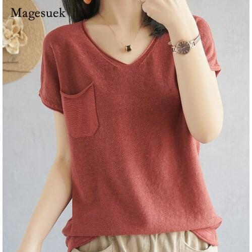 2021 New Summer Women Cotton Blouse V-Neck Short Sleeve Knitted Pocket Tshirt Pullover Loose Linen Casual Simple Top Blusa 14648