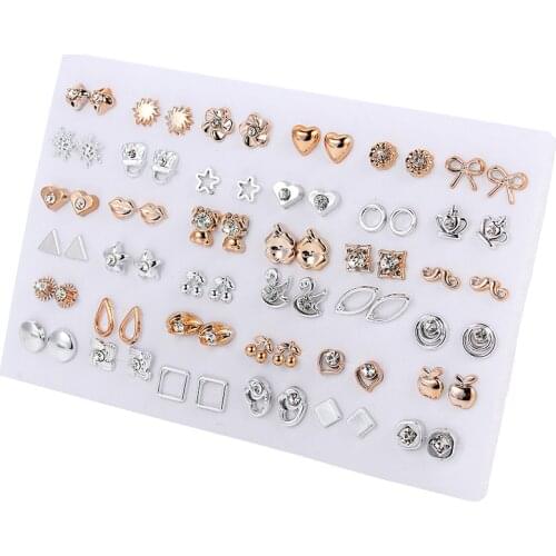 36pairs/set Gold Silver Color Flower Heart Stud Earring Set For Women Girl Crystal Earrings Kids Fashion Jewelry Gift Mix Styles