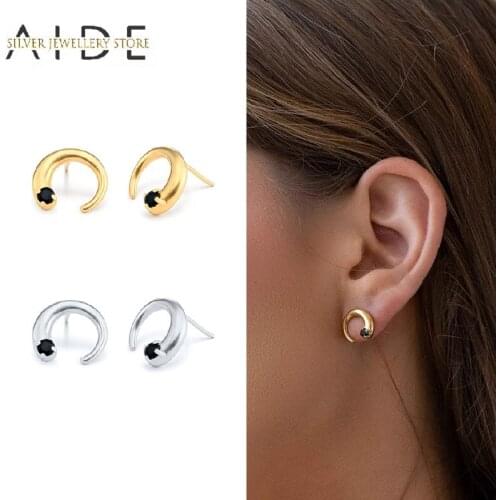 AIDE Minimalism Crescent Moon Stud Earrings For Women Fashion Gloosy Moon Piercing Earings Fine Jewelry pendientes plata 925
