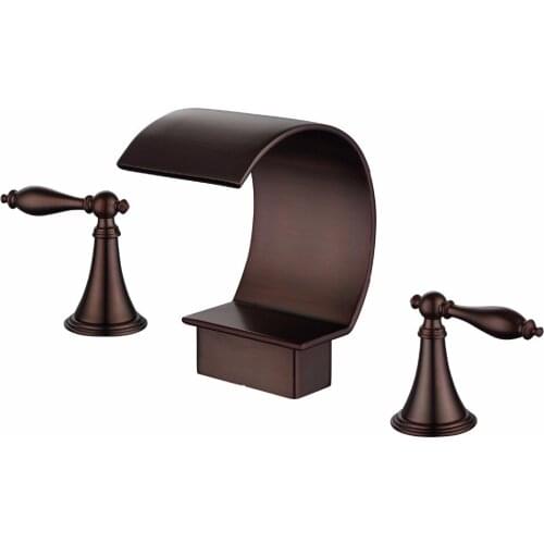 Free ship Deck Mount Waterfall Bathroom widespead 3 Holes Bath Tub Faucet mixer tap in Oil Rubbed Bronze lever handles tap