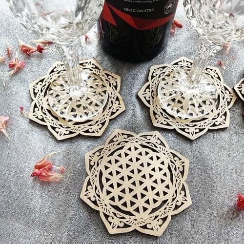 Wooden Beverage coasters，Wooden Coasters Flower Of Life , Drink Holder Wood Gift, Water Harmoniser Spiritual Beermat