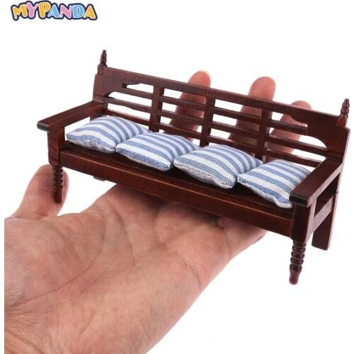 1:12 Miniature Furniture Doll House Wooden Sofa with 4 Pillows For Dolls Children Role Play Toy Dollhouse Miniature Furniture