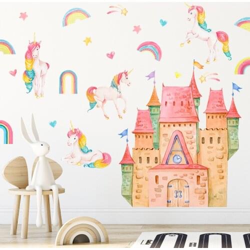 Cartoon castle unicorn rainbow wall stickers kindergarten childrens room background wall decoration stickers room decoration