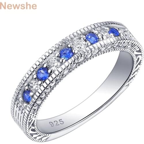 Newshe Solid 925 Sterling Silver Stcakable Wedding Rings For Women 4mm Straight Band White Blue AAAAA Zircons Jewelry BR0927