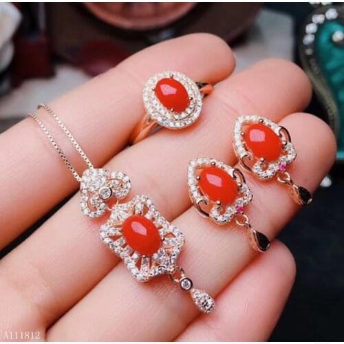 KJJEAXCMY boutique jewels 925 sterling silver inlaid Natural Ruby Red Coral Pendant Necklace Ring Earring finger suit support de