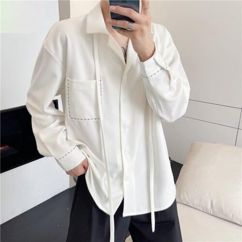 High street shirts men Long sleeve White Solid Black color Loose Sewing thread Hiphop stylish