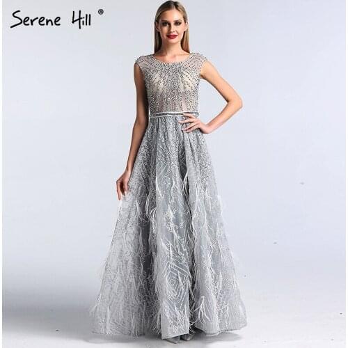 Grey O-Neck Sexy A-Line Evening Dresses Crystal Feathers Luxury Sleeveless Evening Gowns 2020 Serene Hill LA60926