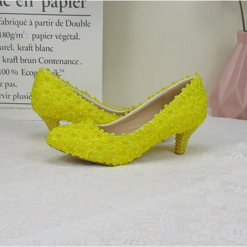 BaoYaFang Yellow Flower Wedding shoes Woman Thin heel pointed Round Toe Bridal Party dress shoe big size Shoes