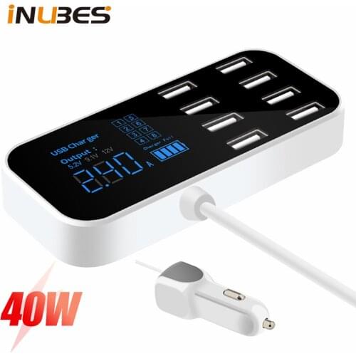 40W Universal Multi-Port USB Charger for Car 8-Port Car Lighter Charging Station Hub with LCD Display Ultra-thin USB Car Charger