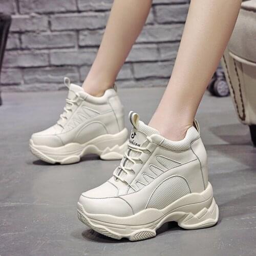 Womens Shoes Mesh+ Leather White/Black/Beige Sneakers For Woman Fashion 11cm High Heels Chunky Sneakers Female Platform Shoes