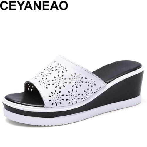 CEYANEAOGenuine Leather Women Wedge Slippers Summer Slides Hollow Shoes Peep Toe Platform Slippers Ladies High Heel SlipperE2146