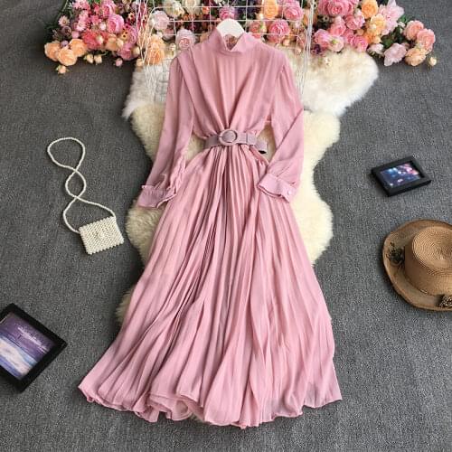 Vintage Chiffon Pleated Dress Women Temperament Stand Up Collar Slim Long Elegant Holiday Clothes Fashion Korean Femme Robe M407