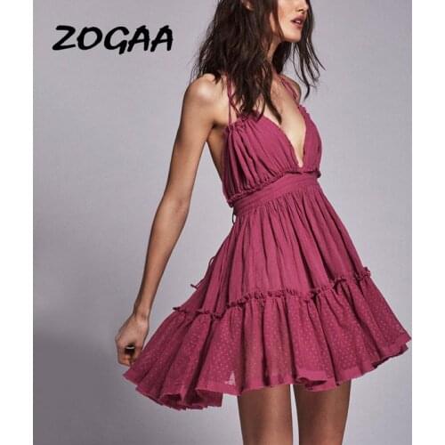 ZOGAA Womens Summer Boho Chic Dress Bohemian Halter Ruffle A-line Sundress Sexy Backless V-neck Beach Holiday Girl Robe Vestido