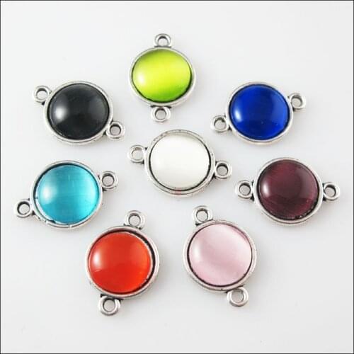 16Pcs Mixed Tibetan Silver Stone Round Charms Pendants Connectors 12x18mm