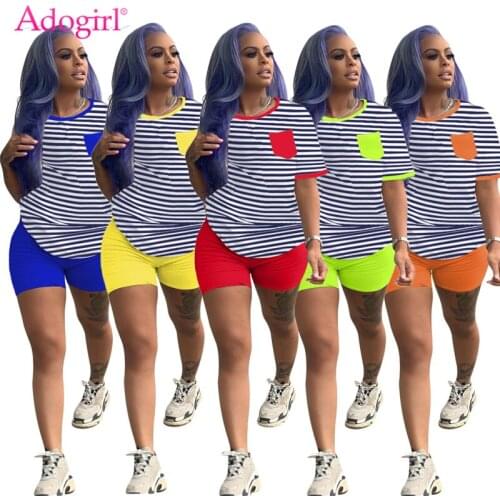 Adogirl Color Patchwork Stripe Two Piece Set 2020 Summer Women Home Outdoor Tracksuit Short Sleeve T Shirt Shorts Casual Suit
