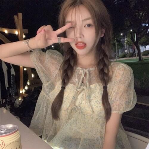 Blouse Round Neck Bow Tie Short-sleeved Cardigan Blouse Women Summer New Style Korean Loose and Thin Design Lace Shirt