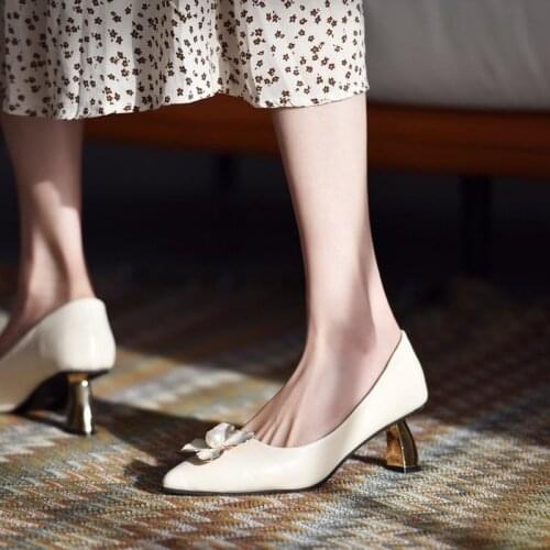 Chanmeb Chic Gold Metal Strange Heels Genuine Natural Leather Pumps for Women Flower Pearl Glitter Party Wedding Shoe