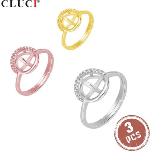 CLUCI 3pcs 925 Sterling Silver Round Zircon Pearl Ring Mounting Simple Adjustable Open Women Ring Jewelry SR2088SB