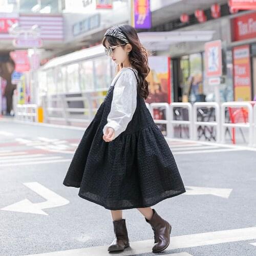 Kids Girls Black White Skirts Suits 8 10 years 2021 New Long Sleeve Lace Tops Elegant Girls Outfits