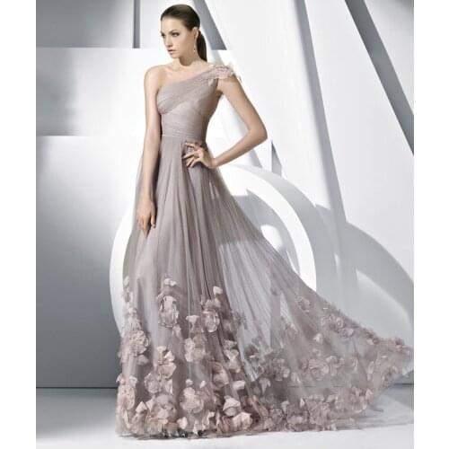 Hot Sale Elegant One Shoulder Gray Tulle Long Prom Dress Party Evening Dress Formal Gowns 2015 Special Occasion Dress